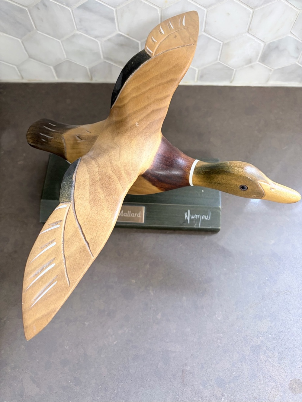 Hand-Carved Flying Mallard Duck Sculpture - Wood Tones Hummel wood carving